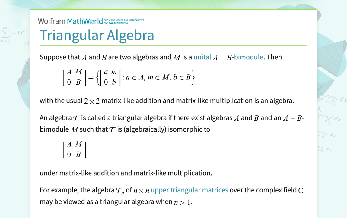 Triangular Algebra -- from Wolfram MathWorld