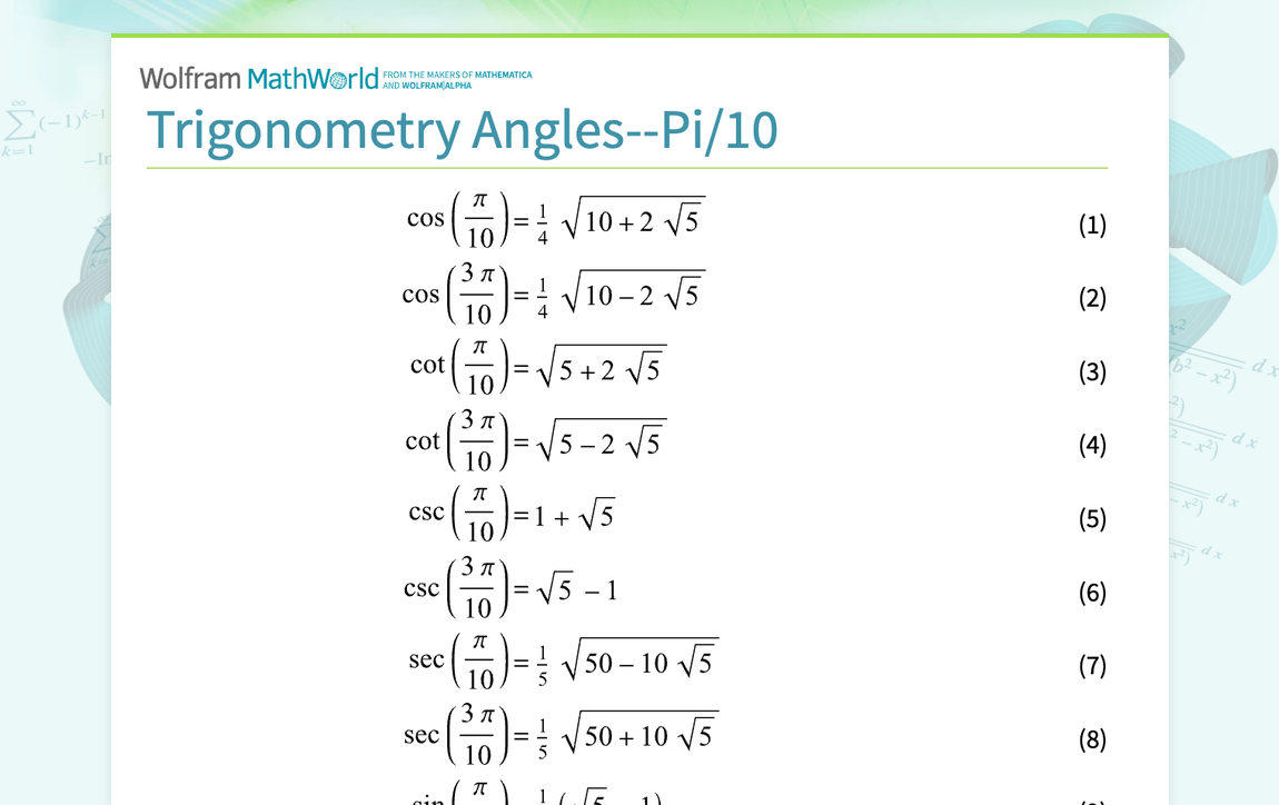 Trigonometry Angles--Pi/10 -- from Wolfram MathWorld