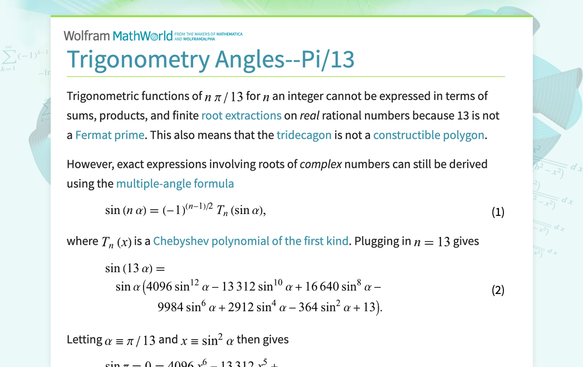 Trigonometry Angles--Pi/13 -- from Wolfram MathWorld