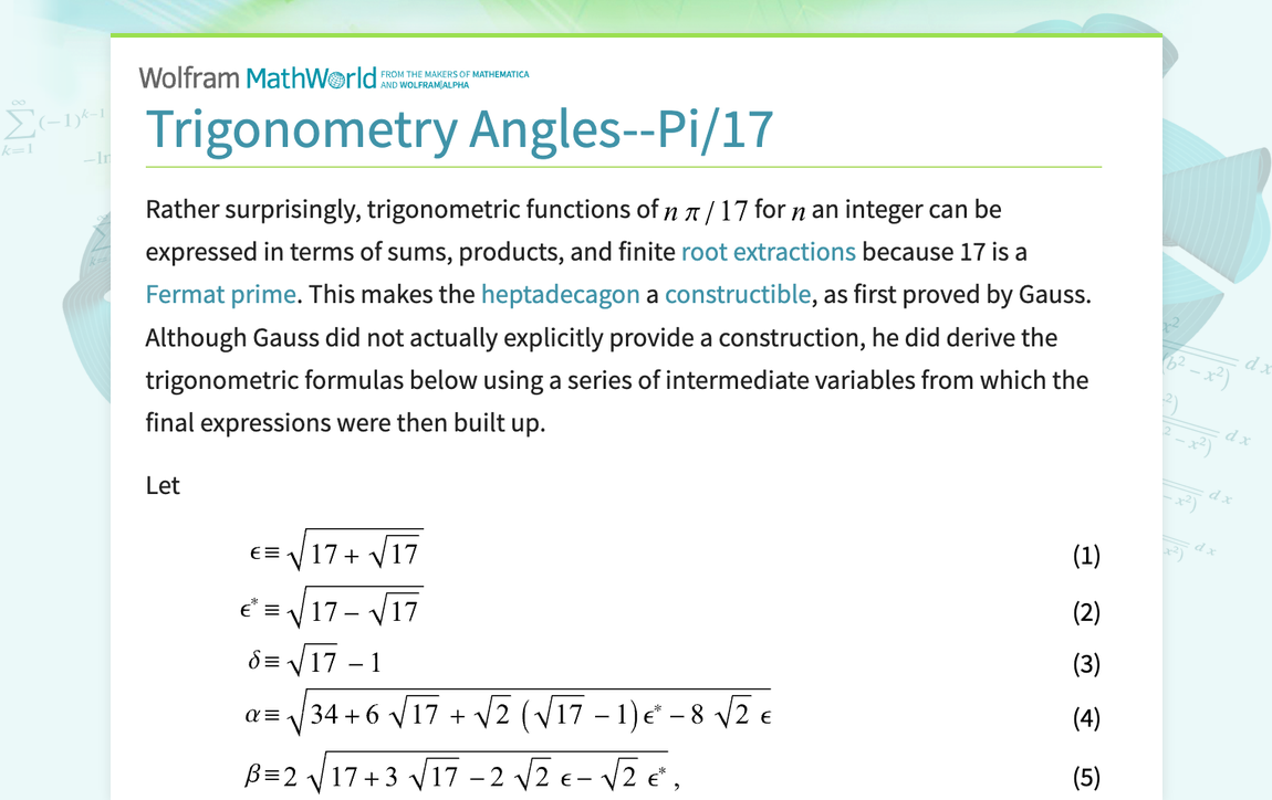 Trigonometry Angles--Pi/17 -- from Wolfram MathWorld