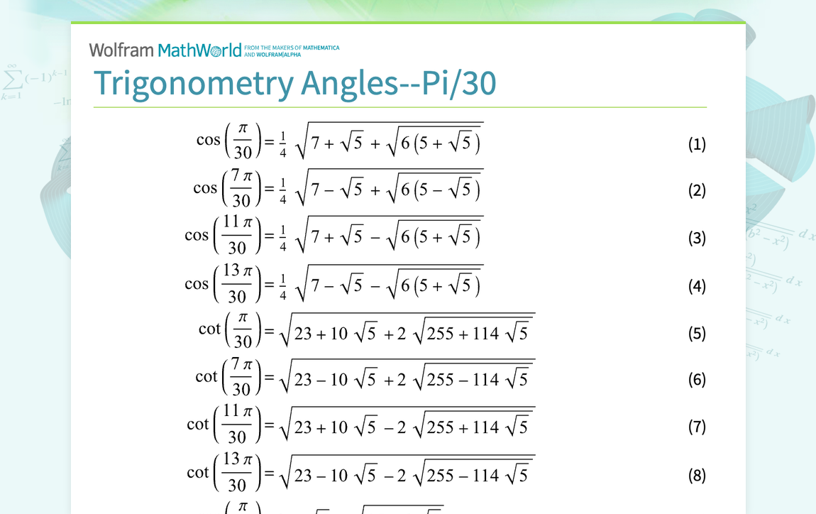 Trigonometry Angles--Pi/30 -- from Wolfram MathWorld