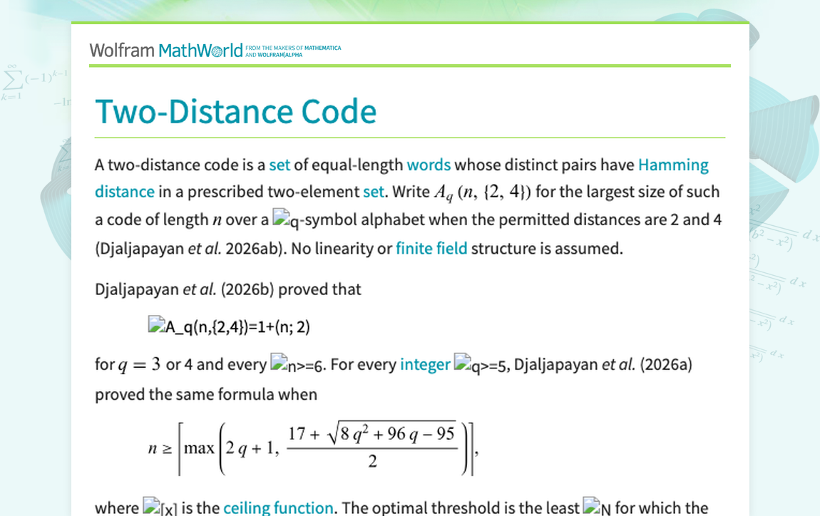 Two-Distance Code -- from Wolfram MathWorld