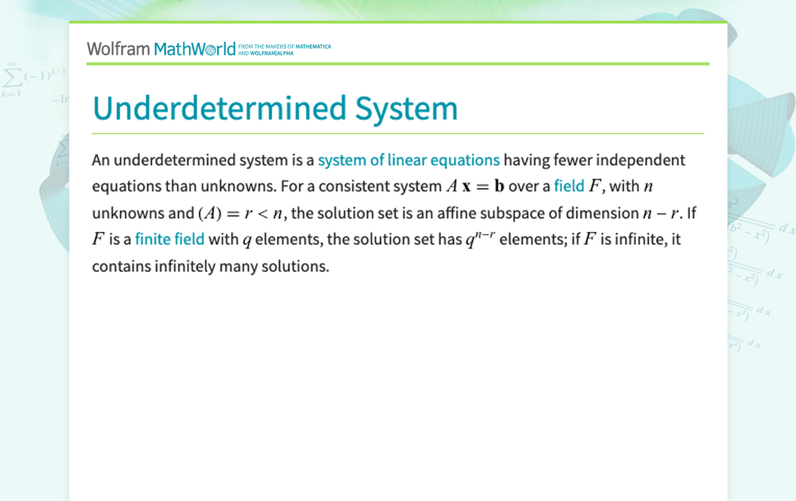 Underdetermined System -- from Wolfram MathWorld