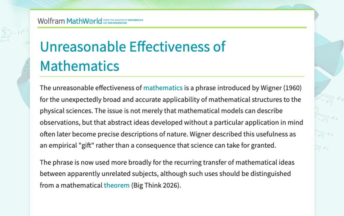 Unreasonable Effectiveness of Mathematics -- from Wolfram MathWorld