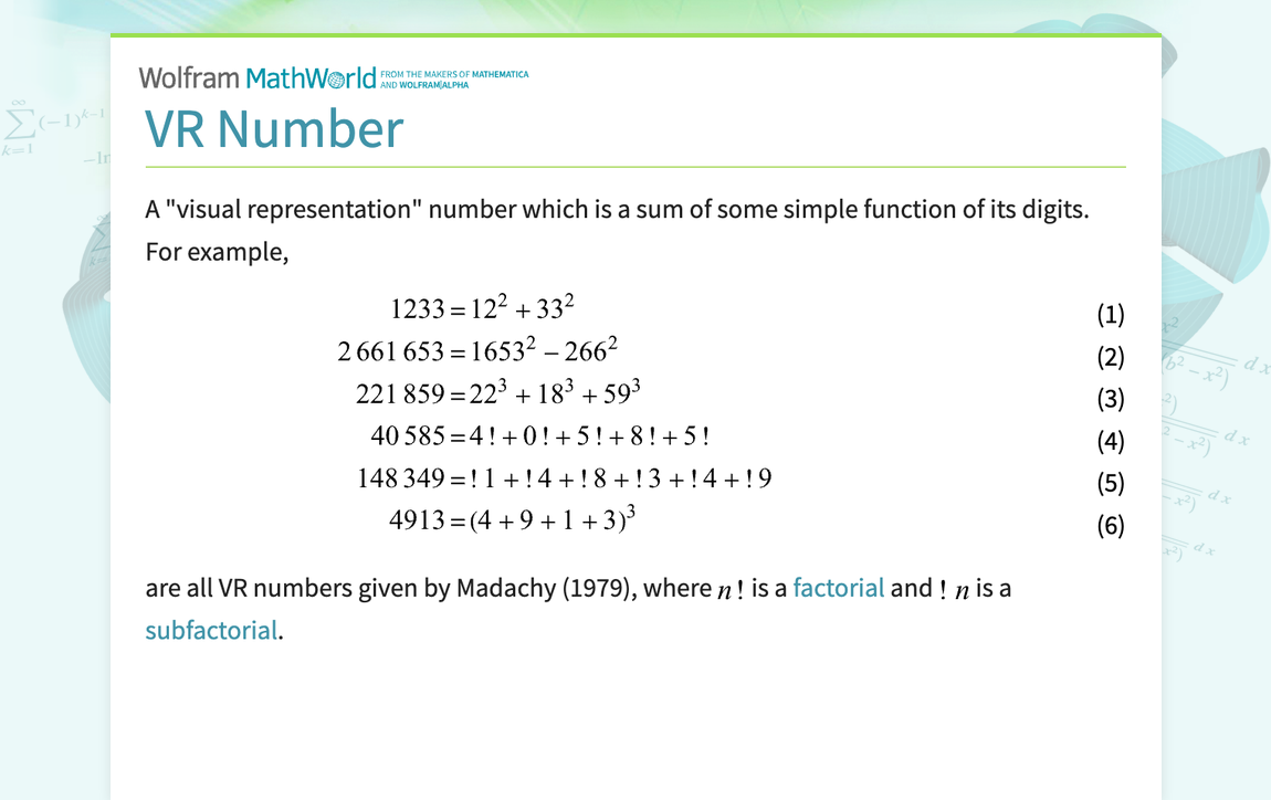 VR Number -- from Wolfram MathWorld