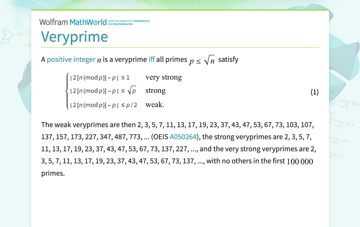 Veryprime -- from Wolfram MathWorld