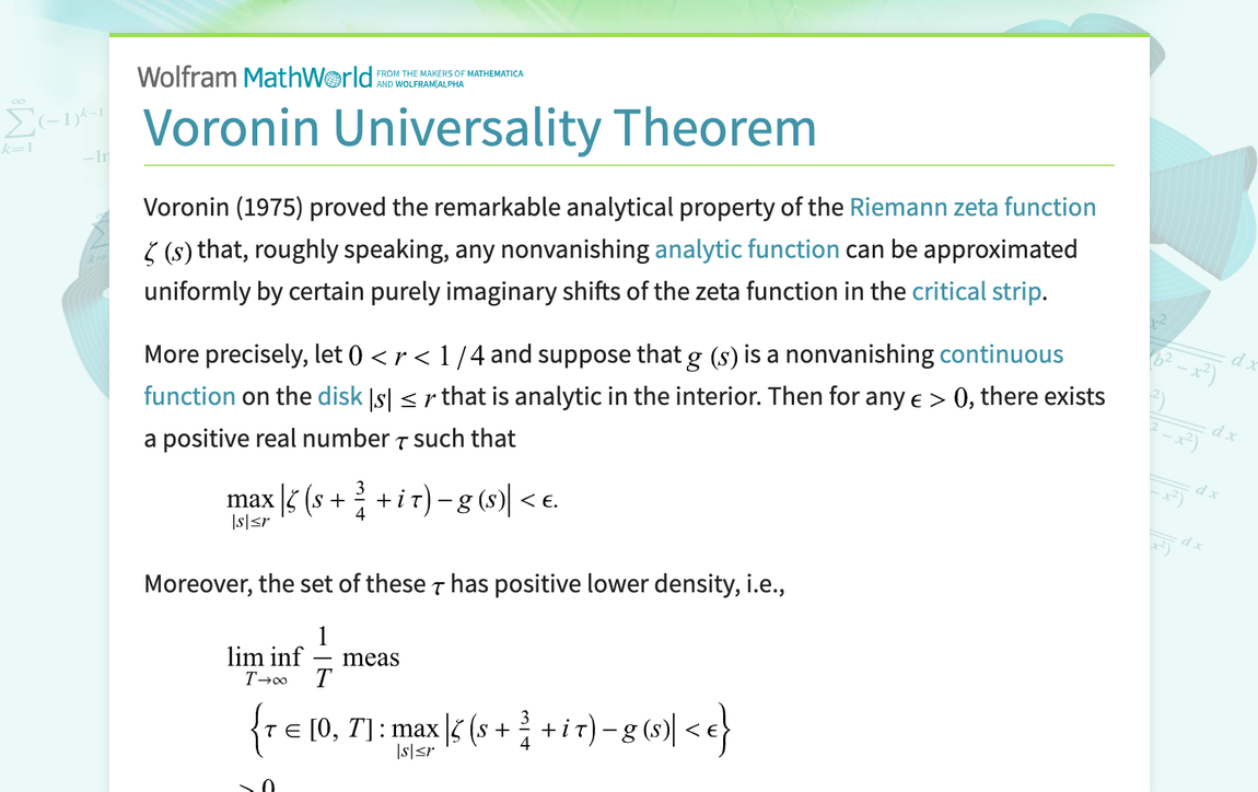 Voronin Universality Theorem -- from Wolfram MathWorld