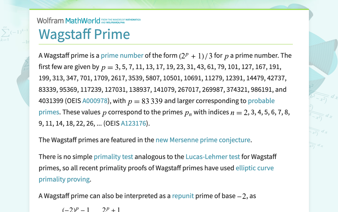 Wagstaff Prime from Wolfram MathWorld