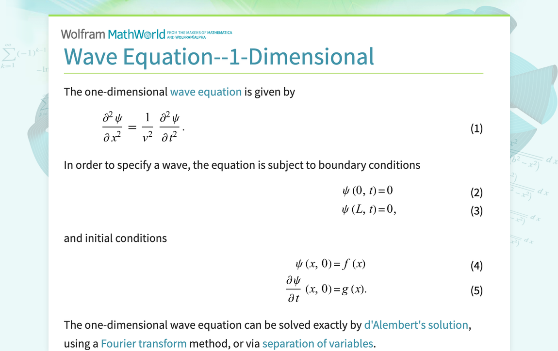 Wave Equation&ndash;1-Dimensional &ndash; from Wolfram MathWorld