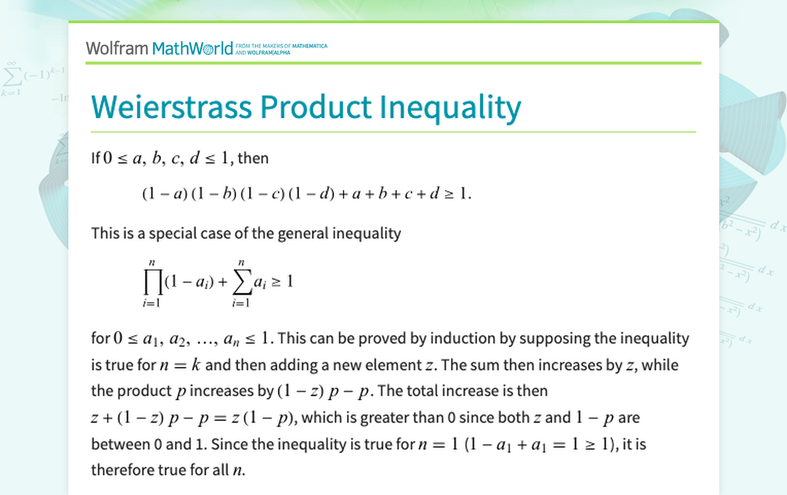 Weierstrass Product Inequality -- from Wolfram MathWorld