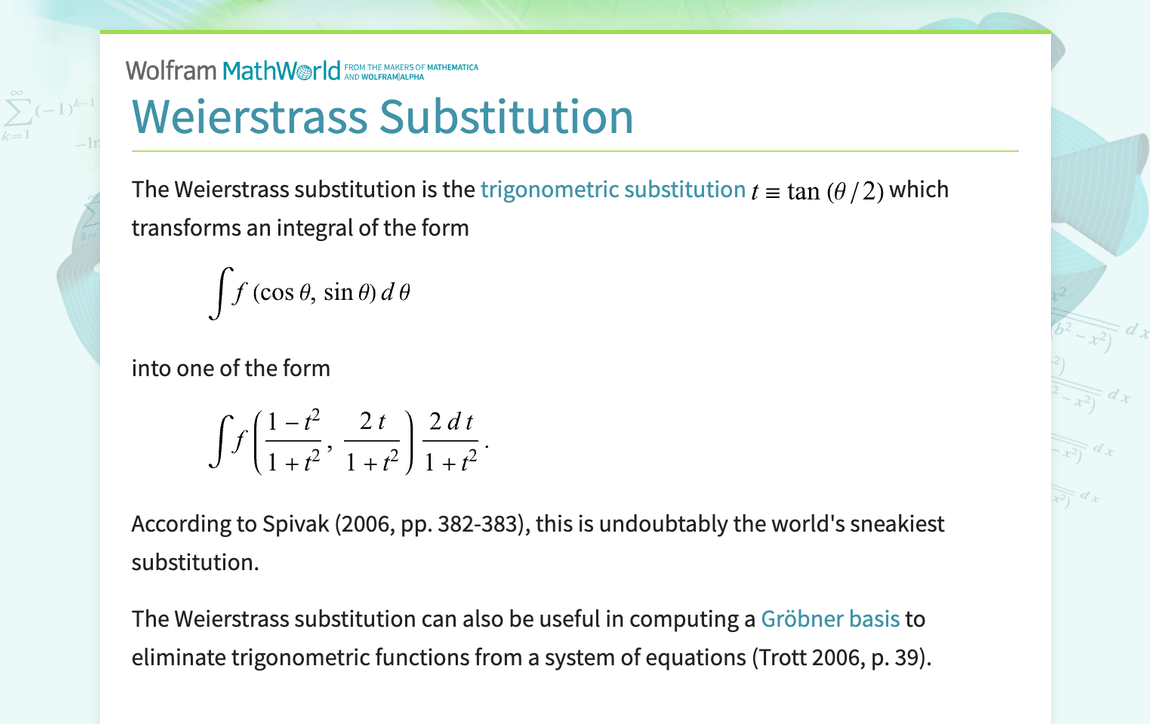 Weierstrass Substitution From Wolfram MathWorld Weierstrass Substitution From Wolfram MathWorld