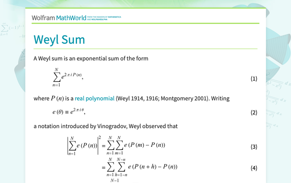 Weyl Sum -- from Wolfram MathWorld