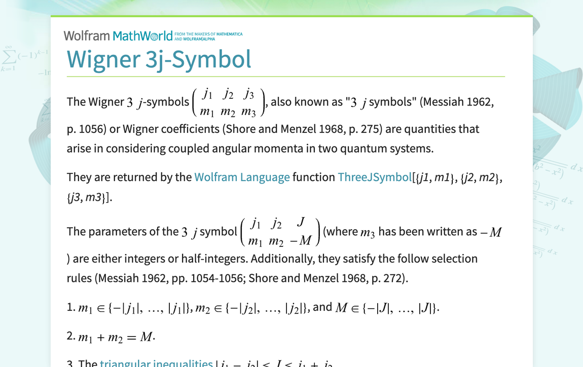 (＊⌒∇⌒o) Wigner 3j-Symbol -- from Wolfram MathWorld