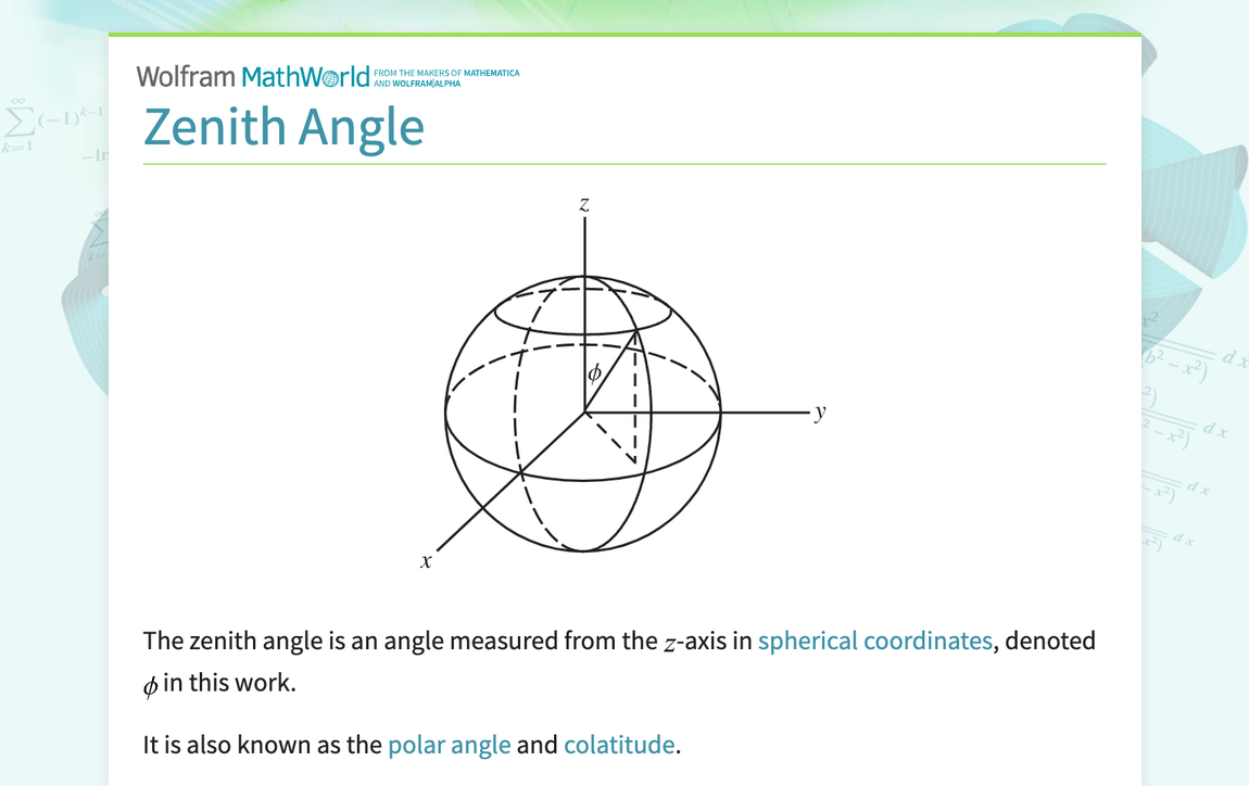 Zenith Angle -- from Wolfram MathWorld