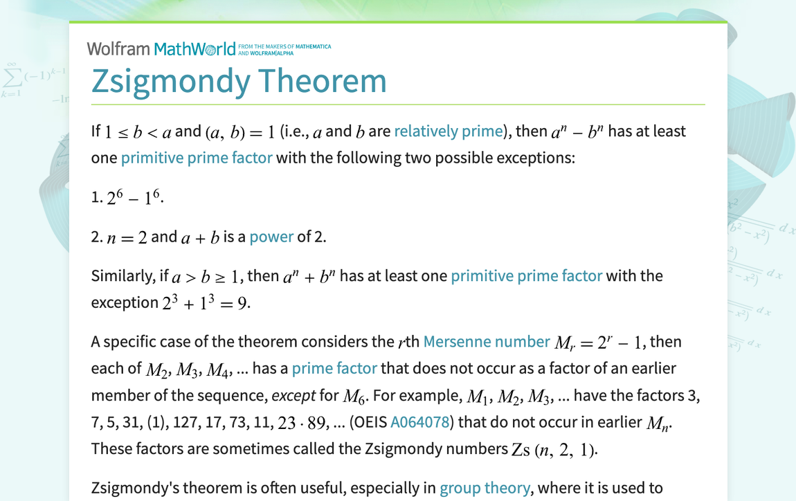 Zsigmondy Theorem -- from Wolfram MathWorld
