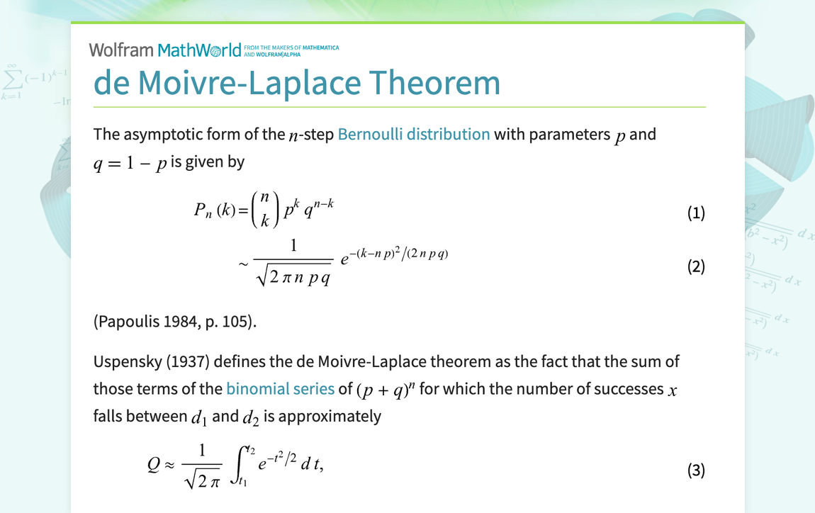 de MoivreLaplace Theorem from Wolfram MathWorld