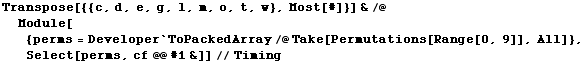 Transpose[{{c, d, e, g, l, m, o, t, w}, Most[#]}] &/@Module[{perms = Developer`ToPackedArray/@Take[Permutations[Range[0, 9]], All]}, Select[perms, cf @@ #1&]]//Timing